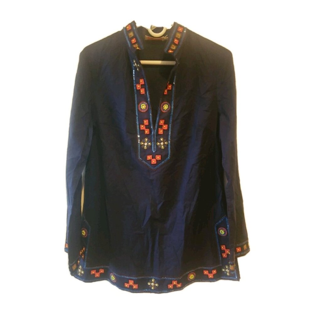 Tory Burch Tunic Top Embellished Beaded Navy Sea Blue 12 Cotton Lightweight Boho